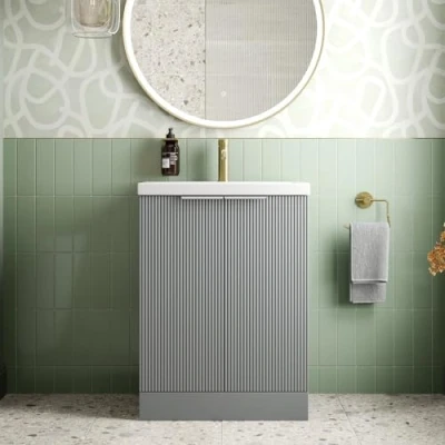 Image of BAYSTONE® Fluted 600mm Freestanding Vanity Unit with Basin Sink Bathroom Storage Cabinet Cupboard Grey