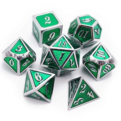 Image of Haxtec Metal Dice Set D&amp;D Polyhedral DND for Dungeons and Dragons RPG Table Games Silver Emerald Green
