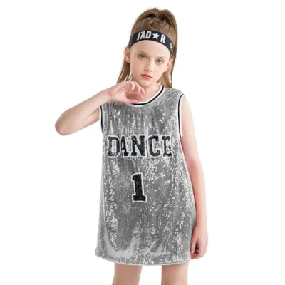 Image of LOLANTA Girls Sequins Dance Costume Hip Hop Dancewear Sparkle Sleeveless Tank Top Dress, Silver Grey, 5 6 Years, Tag 120