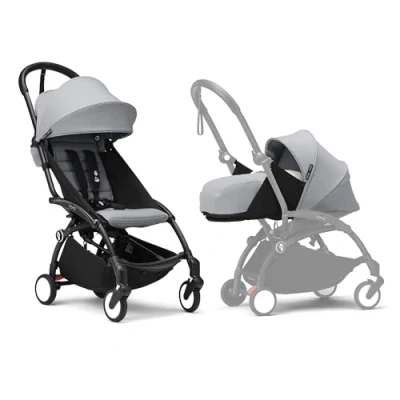 Image of Stokke YOYO3 Stroller with Newborn Pack Includes Black Frame, YOYO 6+ Color (Stone) &amp; 0+
