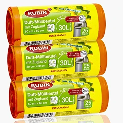 Image of RUBIN Scented Bin Liners 30 Litres Recyclable with Drawstring and Very Tear Resistant Pack of 75 (3 x 25 Bags)