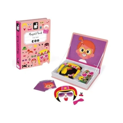 Image of Janod Girl&#039;s Crazy Faces Magneti&#039;Book Magnetic Educational Game 55 Pieces For children from the Age of 3, J02717, Rose
