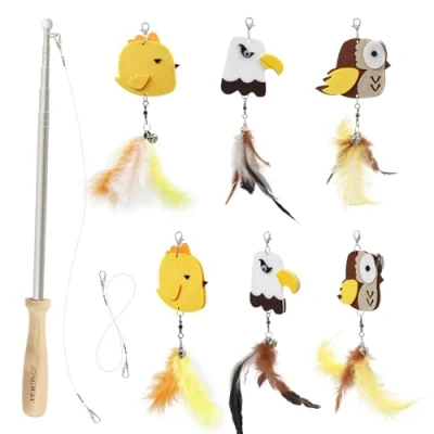 Image of SONGWAY Cat Feather Wand Toy 7 PCS Interactive toys for Indoor Cats, 1 Retractable Teaser with 6 Refills, Felt Bird, Fishing Rod