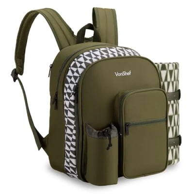 Image of VonShef Picnic Backpack, 2 Person Green Bag with Full Dining Set, Insulated Cooler Compartment &amp; Large Waterproof Blanket, Lightweight Water Resistant Camping Accessories