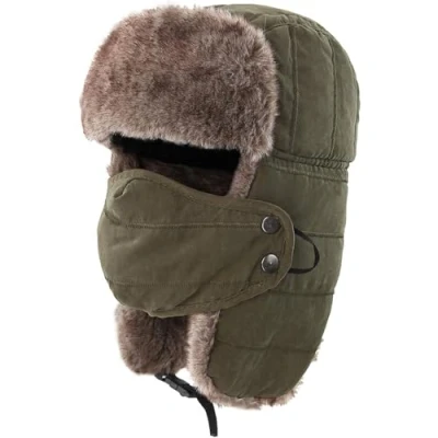 Image of Men Trapper Hat Winter Windproof Ski Warm Hunting Women Russian Trooper Fur Earflap Skiing Cap Plaid Aviator Ushanka Eskimo Hats Ear Flaps with Mask