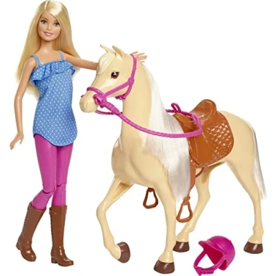 Image of Barbie Doll, Blonde, Wearing Riding Outfit with Helmet, and Light Brown Horse Soft White Mane Tail, Gift for 3 to 7 Year Olds, FXH13