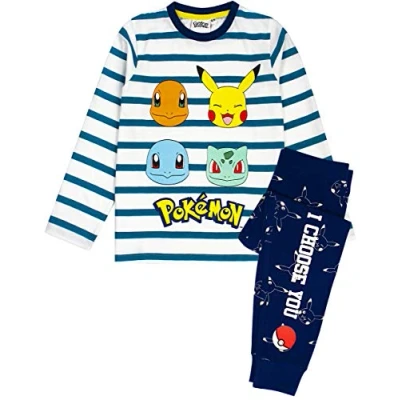 Image of Pokemon Pyjamas For Boys Kids Pikachu, Charmander, Squirtle &amp; Bulbasaur Striped T Shirt Trousers Pajamas Children’s Long Sleeve Navy White Sleepwear Set