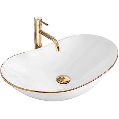 Image of REA Royal Weiß Goldene Kante Bathroom Sink Made of Ceramic Gold Edge White U8570,
