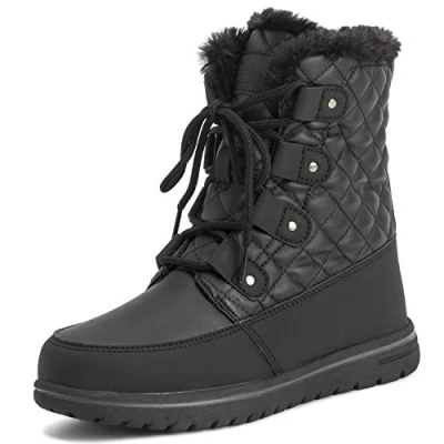 Image of Polar Boot Womens Quilted Outdoor Cuff Snow Duck Waterproof Lace Up Faux Fur Boots, Black Leather Quilted, 8 UK
