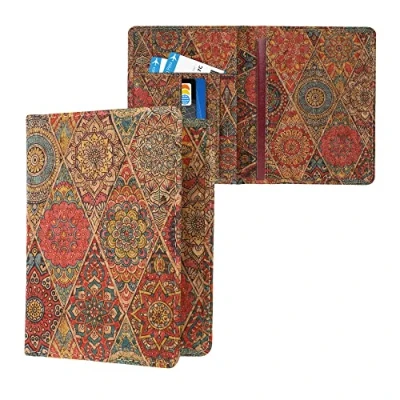 Image of kwmobile Passport Holder with Card Slots Cork Cover Protective Case Travel Document Wallet Dark Pink/Red/Blue Fractions