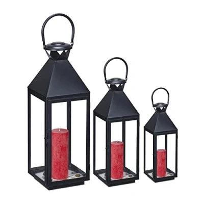 Image of Relaxdays Lanterns Set of 3, Decorative Candle Holders for Outdoors &amp; Indoors, 3 Sizes, Metal and Glass, Black, Iron, 67 x 18 18.5