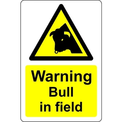 Image of Warning bull in field farm livestock Safety sign 1.2mm Rigid plastic 300mm x 200mm
