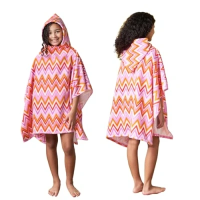 Image of Dreamscene Kids Swim Changing Robe, Soft Absorbent Beach Poncho Towel Multi Coloured Zigzag Print Hooded For Boys &amp; Girls Quick Dry Lightweight Swimming
