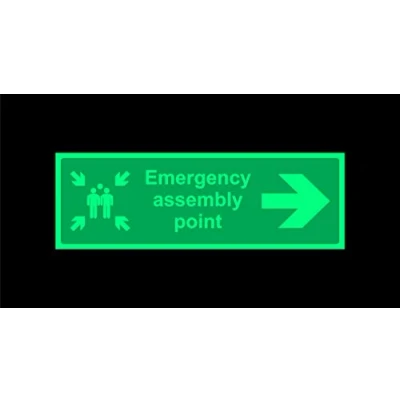 Image of Emergency assembly point directional sign right Safety 1.2mm Photoluminescent glow in the dark rigid plastic with self adhesive backing 300mm x 100mm