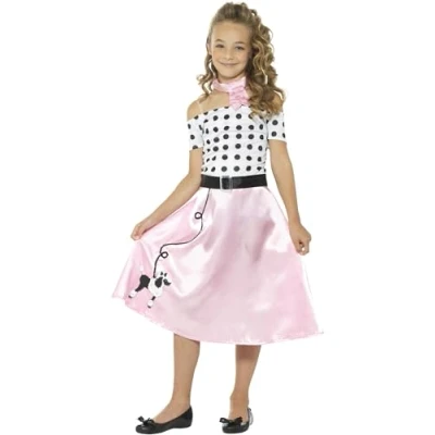 Image of Smiffys 50s Poodle Girl Costume, Pink with Dress, Neck Tie &amp; Belt, Girls Fancy 1950s Dress Up Costumes