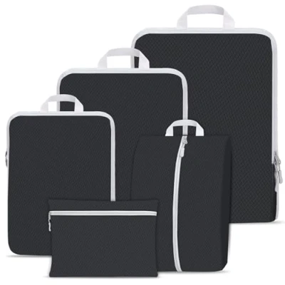 Image of Compression Packing Cubes Set, Ultralight Expandable Travel Organizers for Carry on Luggage,Waterproof Cubes,Compression Suitcase Essential Bag(Black 5 piece set)