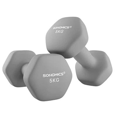 Image of SONGMICS Dumbbells Set of 2 x 5kg Hexagon Neoprene Coating Strength Training Workout Fitness Home Dove Grey SYL910G01