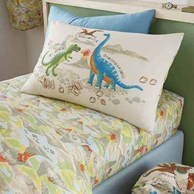 Image of Happy Linen Company Girls Boys Kids Dinosaur Discovery Taupe Natural Toddler Cot Bed Reversible Extra Pair Of Pillow Cases