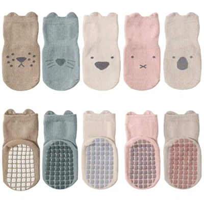Image of FedMois 5 Pairs Baby Kids Anti slip Socks Cotton non skid Ankle Animals, Multicolor, 3 Years
