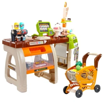 Image of Coo11 Kids 65 Pcs Shopping Store Playset with Cashier, Grocery Pretend Play Kit Light &amp; Sound Checkout Scanner Card Reader, Cash Register Food Game Credit Machine