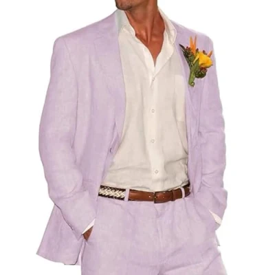 Image of Men&#039;s Notch Lapel Lavender Linen Business 2 Piece Suit Wedding Groomsmen Tuxedos 42/36