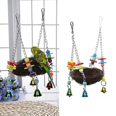 Image of Gemini_mall® Natural Rattan Nest Bird Swing Toy with Bells for Parrot Budgie Parakeet Cockatiel Conure Lovebird Finch Cockatoo African Grey Cage Perch Stand (A)