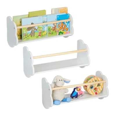 Image of Relaxdays Children&#039;s Bookshelf, Set of 3, Cloud Design, Wall Mounted Kids Shelves, HxWxD: 24 x 50 18 cm, White/Natural, Fibreboard, Wood