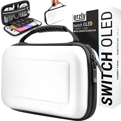 Image of Orzly Carry Case for white Nintendo Switch Oled console with accessories and Games storage compartment Easy Clean Gift Boxed Edition
