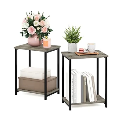 Image of Furinno Metal Frame End Table, Engineered Wood, French Oak, 2 Pack