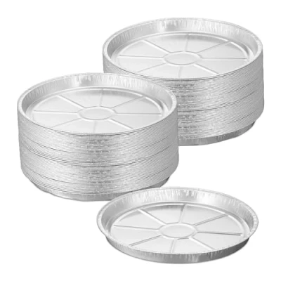 Image of Relaxdays Set of 50 Aluminium Plates, HxØ: 2.5 x 27.5 cm, Round, Catering, BBQ Drip Tray for Indirect Grilling, Silver