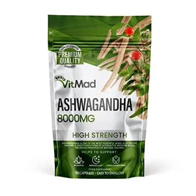 Image of Ashwagandha 8000mg, Pure High Strength Root Extract Withanolides, Mood, Stress, Anxiety, 90 Vegan Capsules