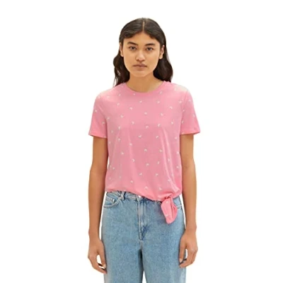 Image of TOM TAILOR Denim Women&#039;s 1037245 Summer T Shirt with Knot Detail, 31707 Pink Butterfly Print, XL