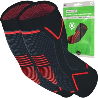 Image of aZengear Elbow Support Brace (2 Pack) for Men, Women, Kids, Arm Compression Sleeves Joints Tendonitis, Arthritis, Golf, Tennis, Weightlifting (Black w/Red, M)