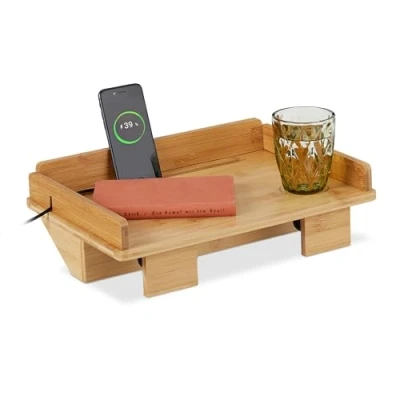 Image of Relaxdays Tray, Clamp on Mini Nightstand, Shelf Bunk Bed, HWD: 11x38x26 cm, Cable Slot, Bamboo, Natural, 90% 10% Iron