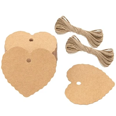 Image of 100PCS Heart Valentines Tags, 6X5.5CM Brown Kraft Paper Gift Hang Tags with 20M Jute Twine for Crafts Wedding Favours