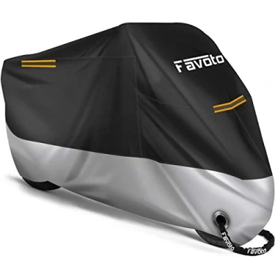 Image of Favoto Motorbike Cover Outdoor Waterproof 104 inches Motorcycle Heavy Duty 210D Oxford Fabric with Lock Hole Night Reflectors Windproof Buckles Dust Sun Protection Black Silver