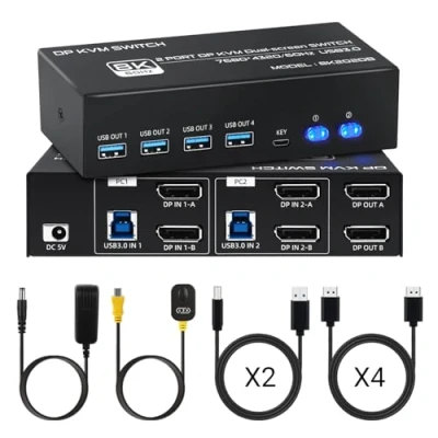Image of TCNEWCL 4K 144Hz Displayport KVM Switch 2 PC Monitor 8K 60Hz DP 1.4 USB 3.0 Dual Monitor, Support Extended &amp; Copy Mode, with Desktop Controller and 4 DP+2 Cables