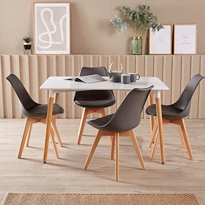 Image of Home Source White Kitchen Dining Table Set 6 Padded Grey Chairs Wooden Legs, 120cm