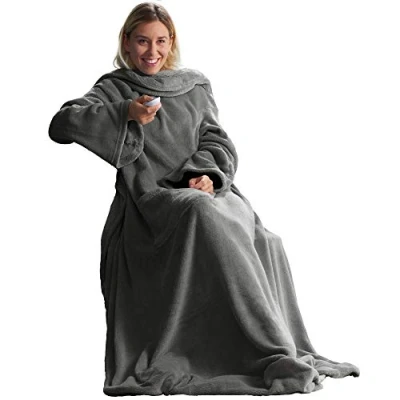 Image of CelinaTex TV blanket cuddly with sleeves pockets foot pocket microfibre Coral fleece 170 x 200 cm grey