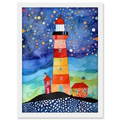 Image of Artery8 Lighthouse On Starry Night Folk Art Watercolour Painting Artwork Framed A3 Wall Print