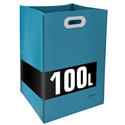 Image of DuneDesign 100l Large Laundry Basket Foldable 43x38x60 XXL Clothes Bin Felt Storage Hamper Organizer Bedroom Accessories Teddy Blanket Living Room