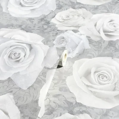 Image of Wallpaper EMPIRE Soft Grey Roses Elegant Silver Damask