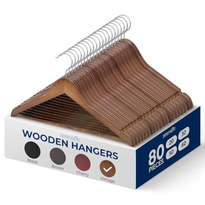 Image of 80 Pieces Wood Hangers Space Saving Heavy Duty Slim Suit Clothes Hanger Set with 360 Degree Swivel Metal Hook, Can Hold Up to 10 Lbs. For Coats, Jackets, Pants &amp; Dress (Vintage)