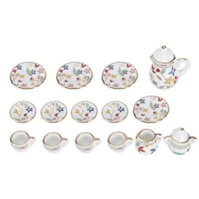 Image of 1:12 Dollhouse Accessory, 15pcs Mini Porcelain Flower Tea Cup Set Doll House Decor Kitchen Miniature Simulation Furniture Model for Baby Boy Girl Dollhouses(Tye 3)