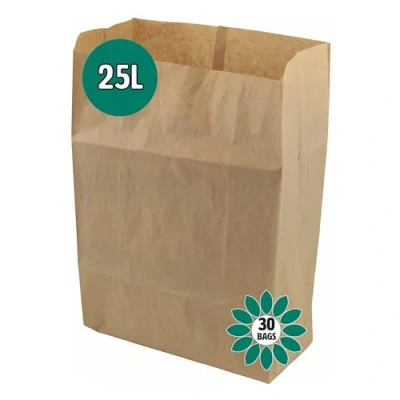 Image of 25 Litre x 30 Paper Compostable Bags Kitchen Caddy Liners Food Waste Bin EcoSack 25L Biodegradable with Composting Guide