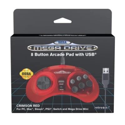 Image of Retro Bit Official Sega Mega Drive USB Controller 8 Button Arcade Pad for Genesis Mini, Switch, PC, Mac, Steam, RetroPie, Raspberry Pi Port (Crimson Red) (Nintendo Switch)