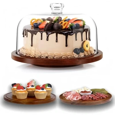 Image of Acacia Wood Cake Stand with Lid 12in Round Holder,Rotating Plate Cover, Wooden Display Acrylic Dome Rotatable