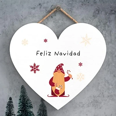 Image of Global Designs Feliz Navidad Gonk Festive Wooden Heart Plaque Christmas Decor