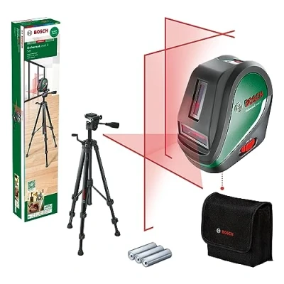 Image of Bosch cross line laser UniversalLevel 3 with tripod (3 lines incl. vertical at 90 angle for an additional on the ceiling and bottom plumb point precise alignments, in cardboard box)
