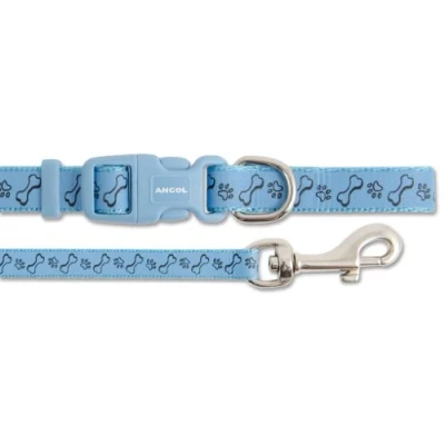 Image of Ancol Small Bite Refl Paw&amp;Bone Collar( adjusts 20 30cm) &amp; Lead ( 1m x 10mm) Set Blue